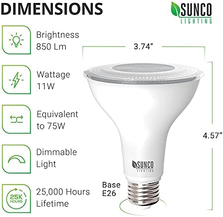 Sunco 10 X led лампи PAR30, Прожектор за външно осветление в помещение с Мощност 75 W, еквивалент на 11 W, с регулируема яркост, по-Топъл бял 3000 ДО 850 LM, Цокъл E26, Външен, за работа във влажни условия, супер ярък,
