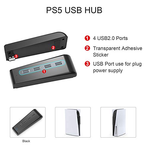 AKNES 4-Портов Хъб за конзолата PS5, Високоскоростен Хъб за разширяване на USB 3.0 /2.0, Жак Адаптер за Зарядно устройство, Съвместим с игрова конзола Playstation 5, Разширява портове, игрални конзоли, черен