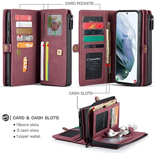 Чанта-портфейл HAII за Galaxy S21 Ultra, Мултифункционален Кожен портфейл, флип-надолу капак, калъф-портфейл с цип джоб със слотове за карти и сменяем Магнитен калъф за телефон Samsung Galaxy S21 Ultra 5G 6,8 инча (червен)