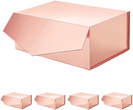 ROSEGLD 2 Големи кутии Подарък с панделка 13,5x9x4,1 инча, Сгъване, Подаръчни кутии с Капаци, Кутии за предложения на шаферките, Магнитни подаръчни кутии за подаръци (Гланц розово злато)