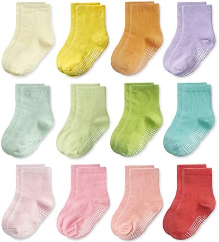 Чорапи за глезените или на екипажа с нескользящим изземване CozyWay, 12 двойки момчета и момичета, Многоцветни, 5-7 години