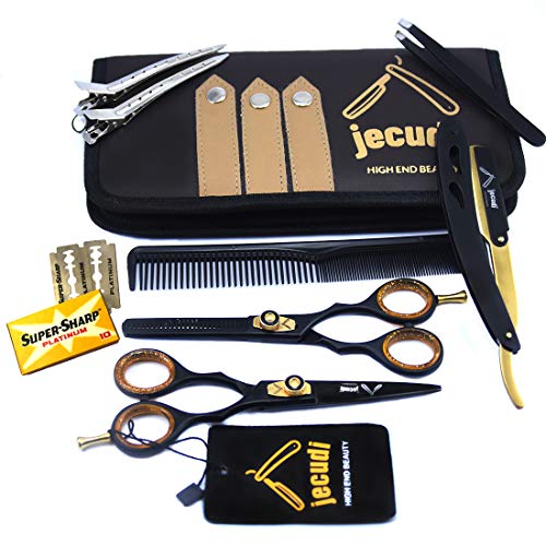 Набор от професионални ножици за подстригване на коса Jecudi - японска неръждаема стомана, ръчно изработени, включва фризьорски ножици, клещи за коса, самобръсначка, 10 ножове, гребен, 2 щипки за коса и салфетка за