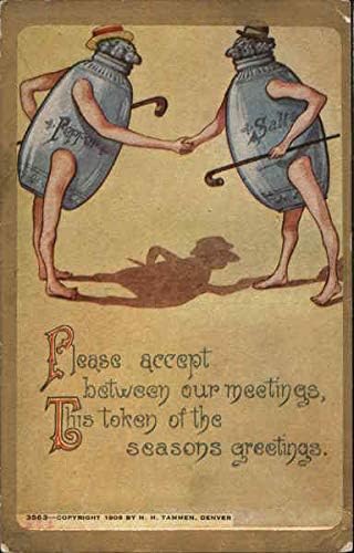 Шейкър за сол и пипер, ръкостискане, комикс, забавно оригиналната антични картичка 1909 г.
