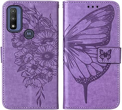 COTDINFOR е Съвместим с Motorola Moto G Pure Калъф с държач за карти и стойка Луксозен Кожен Калъф-портфейл с Отпечатан във формата на пеперуда Здрав Защитен Калъф за Мото G Pure Butterfly Lavender YB