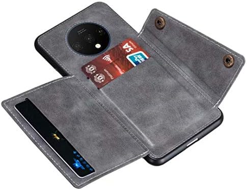 Калъф Ranyi OnePlus 7T, една Чанта-портфейл с отделения за кредитни карти, поставка [Подходящ за магнитно закрепване в колата], Защитен калъф-чанта от изкуствена кожа с двойна катарама за OnePlus 7T/1 + 7T (2019), сив