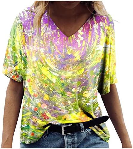 AMXYFBK Дамска Блуза с V-Образно деколте и Къс Ръкав, Цветна Блуза с Принтом, Свободни Спортни Блузи, Ежедневни Модни Hoody за Жени