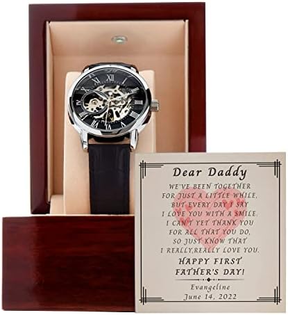 Персонални Часовника-подаръци От Първия Ден на бащата 2022, Подарък за 1-ия Ден на бащата от детето, Часовници за татко, Ажурни Часовник с кутия за съобщения, Мъжки Ажурни часовник с кутия от червено дърво, Мъжки часовник