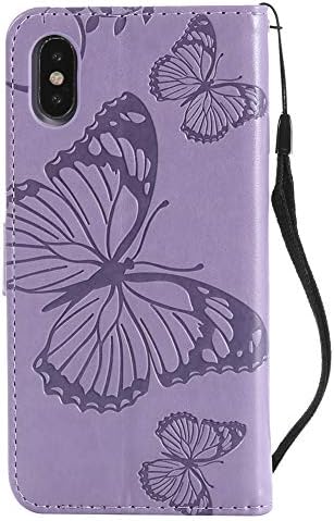 MEIKONST Калъф за iPhone X/XS, Модерен Ретро чанта за носене-за награда от Изкуствена кожа с Релефно под формата на 3D Пеперуди, Флип-портфейл с Магнитна стойка, Държач за карти, Калъф за iPhone X/XS, KT Purple Butterfly