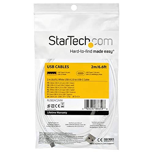 StarTech.com кабел за зареждане на 2 метра от USB A до USB C - Здрав кабел за бързо зареждане и синхронизиране на данни от USB 2.0 до USB Type C - Здрав корпус от арамидни влакна TPE M / M 3A Бял цвят - S10 на Samsung,