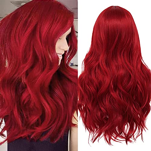 Amnenl Червена перука за жени с дълги вълнообразни бордо перуки с тъмни корени, синтетични косми, разменени черно-червена перука за cosplay, ежедневна употреба