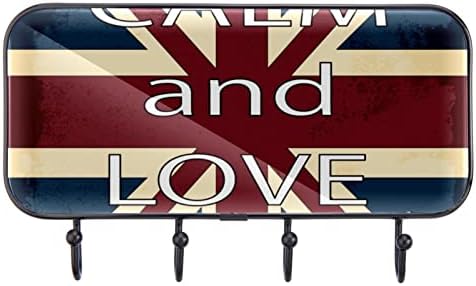 VIOQXI Великобритания Флаг на Англия Сохраняй Спокойствие и Обичай Стенни Куки за дрехи с 4 Куки, Закачалка за Шапки и Чантата си в коридора за Окачване на Дрехи, Ключове, Кърпи, Чанти, Шал