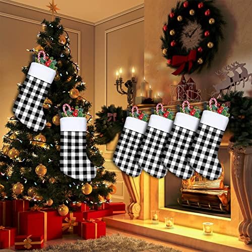 Vercoo 18 Инча, Коледни Чорапи, Коледни Каре Чорапи Манто Окачени Чорапи в клетката на Бъфало с Белезници за Украса на Коледното парти (6, Бял маншет, Черен, бял)