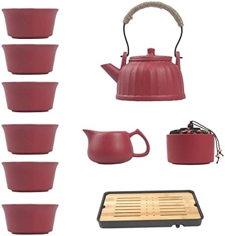 Китайски Чайник, Комплект чаши с тава за заваряване - Пътен Керамични чай, Порцелан чайник, Сладък Азиатски Чай Комплект за любителите на чай /на жените/Мъжете (Правоъгълна тиква червен цвят)