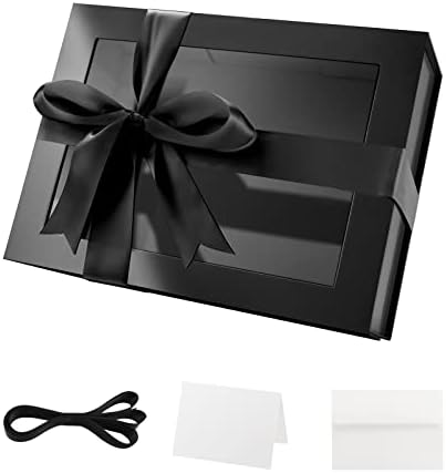 Подарък кутия PACKQUEEN с прозорец, 9x6,5x3,8 инча, Черен Подарък кутия за подарък Съдържа Лента, пощенска картичка, Кутия за предложения на Младоженеца, Подарък кутия с магнитна капачка (лъскаво черен)