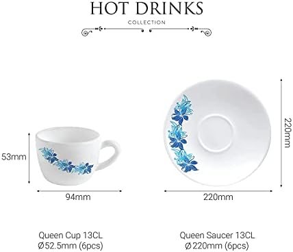 Комплект чаши и блюдец Efinito Opalware Queen, 130 мл, 12шт, Синьо с завитком