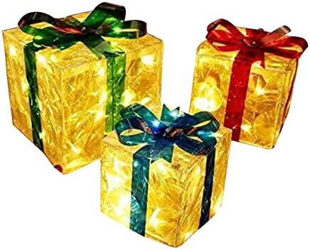 Украса за кутии с подсветка - 3 бр. Коледни Подаръчни кутии с Осветление, Украса за коледни кутии с 60 led гирлянди, Подаръчни Кутии с Панделки за коледа декорации (жълт)