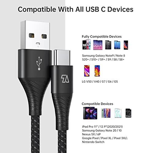 Кабел Teleadapt USB Type C, за бързо зареждане дължина от 6 фута, USB кабел C дължина от 6 метра, кабел 3A Type C-A, който е Съвместим с Galaxy S20 S9 S10, кабел USB-C в памучна оплетке за зареждане на iPad Pro 11,