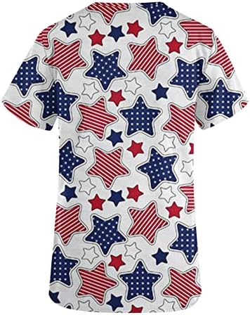 Отгоре с V Образно Деколте За Момичета Къс Ръкав Американски Флаг Звезда Сърцето на Графичен Офис Търкане Униформи Топ Тениска за Жени JK
