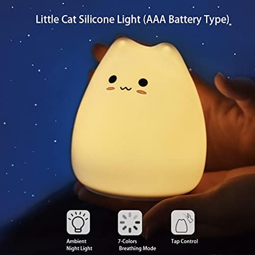 Grewtech led нощна светлина за Котки, Силикон лека нощ за Детски със Сладък Котка на Батерии, Настолна Лампа с 7 Сменяеми Цветове за Детска стая за Малки Възрастни (Grin Котка)